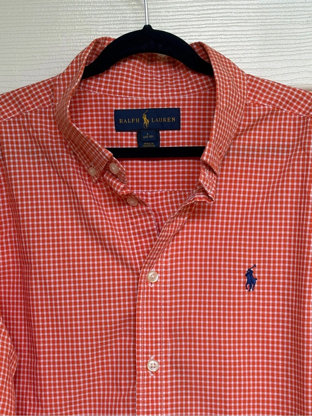 Ralph Lauren Boys L Cotton Poplin Shirt Orange White Gingham Button Down Preppy